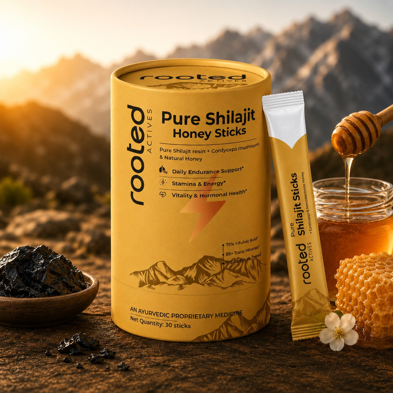 Pure Shilajit Honey Sticks with Cordyceps Mushroom | 30 Sticks